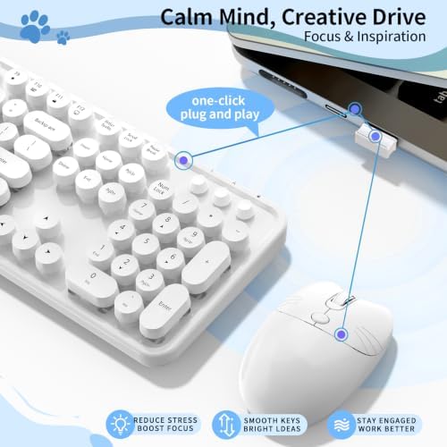 Wireless Keyboard Mouse, MOFII 104 Keys Cute Retro Typewriter White - Image 4