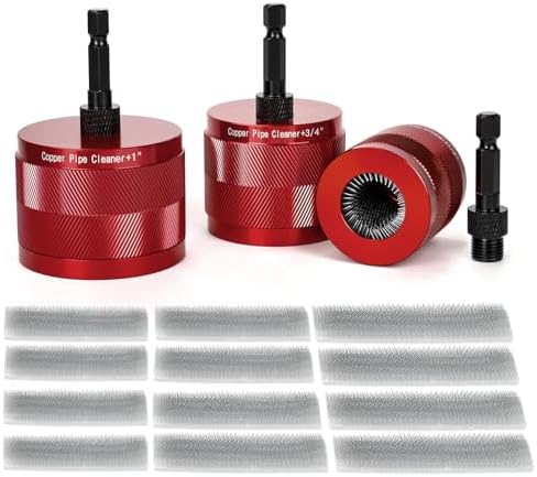 1/2" & 3/4" & 1" Copper Pipe Cleaner Set for Drill, with 1/4" Hex Shank & 12 Brush Blades, Plumbing Tools for Removing Rust, Stains & Paint from Copper & Metal Pipes, Red by Unknown