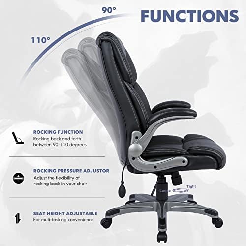 COLAMY High Back Executive Office Chair - Padded Leather Ergonomic Computer Desk Chair with Inflatable Lumbar Support & Flip-Up Arms, Adjustable Tilt Lock Swivel Task Chair for Home Office, Black - Image 6