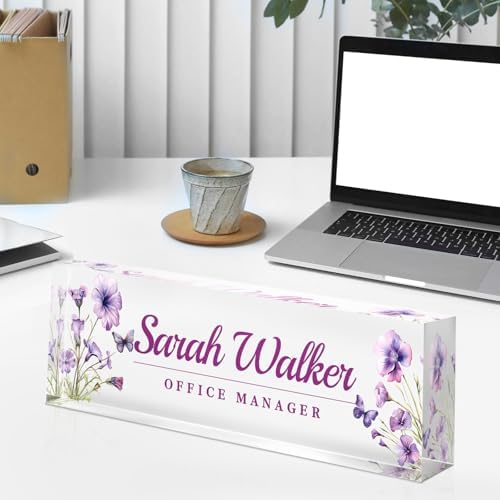 Custom Name Plate for Desk - Desk Name Plate Personalized - Acrylic Office Desk Accessories - Appreciation Gifts for Coworkers Employee Teacher Staff Boss - Office Decor for Women (Purple Flowers F) - Image 4