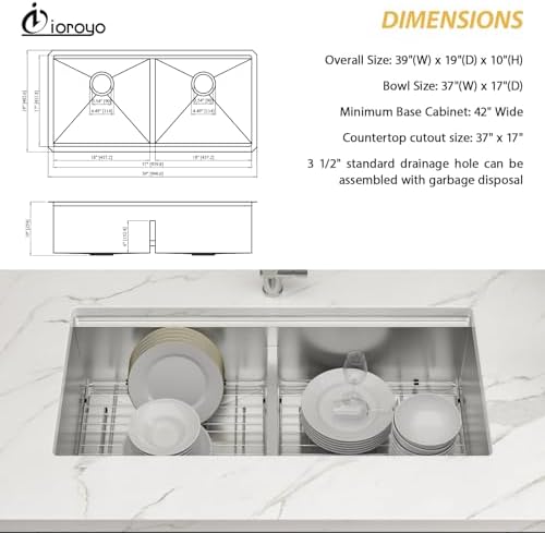 39X19 Undermount Double Bowl Sink 50/50 Workstation SInk - Image 6