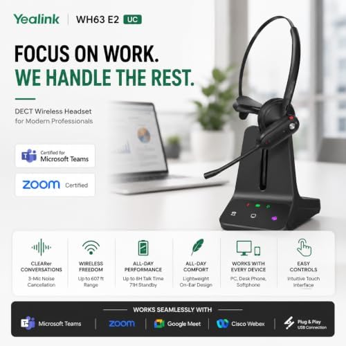 Yealink WH63 E2 Teams Wireless DECT Headset for Microsoft Teams, Convertible Mono Office Headset with Dual Noise Canceling Mics, Acoustic Shield, USB Base, 606 ft Range, 8H Talk Time - Image 2