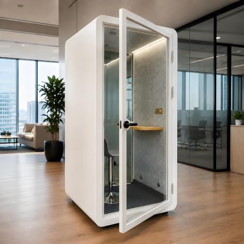 Soundproof Office Pod Booth, 1 Person Office Phone Booth with Solid Wood Desk, Mobile Acoustic Privacy Booth with Casters for Calls, Video Meetings & Focus Work, 10mm Glass, 110V Power, USB & RJ45 by Unknown