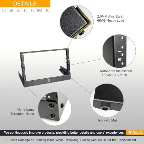 RIVECO 6U Desktop Rack for Audio & Network Devices 19 Inch 2 Post Table Top Rack Mount with Reinforced Beam, Free Standing Racks for IT Server Sound AV Music Recording Equipment - Image 2