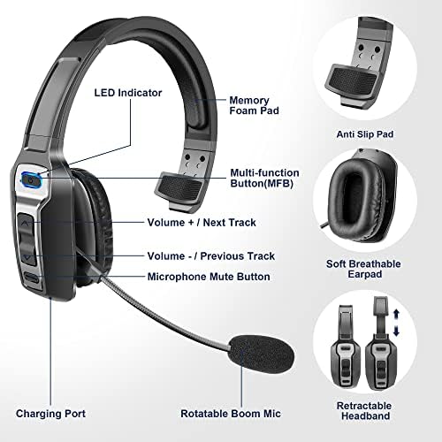 Sarevile Trucker Bluetooth Headset, V5.2 Wireless Headset with Upgraded Microphone AI Noise Canceling, On Ear Bluetooth Headphone with Mute for Driver Office Call Center (Black) - Image 2
