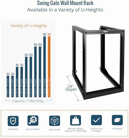Tecmojo 18U Wall Mount Server Rack, Open Frame Network Rack for 19" Computer/AV/Data/IT/Media Equipment, 24" Depth, 16" Apart Mounting Holes, Swing Gate, Square and Tapped Holes - Image 5