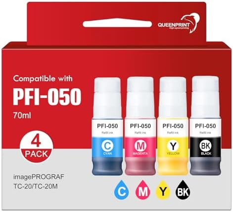 PFI050 PFI-050 Pigment Ink Tank 70ML - PFI-050 PFI050 Ink Cartridge Replacement for imagePROGRAF TC-20 TC-20M Printer (4-Pack, Black Cyan Magenta Yellow) by QUEENPRINT