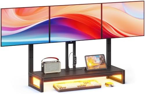 YAOHUOO Monitor Arm with LED,Adjustable Desk Monitor Mount for 3 Screens, Heavy Duty Fully Stand Riser with Clamp, Storage Shelf for Office,Living Room by YAOHUOO
