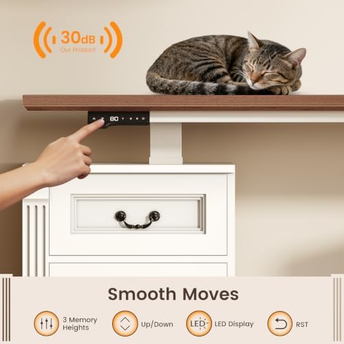 SEDETA Farmhouse L Shaped Electric Standing Desk with Hutch, 4 Drawers and Storage Cabinet, 106" Height Adjustable Office Executive Desk with Power Outlet, Led Lights for Two Person, White Brown - Image 7