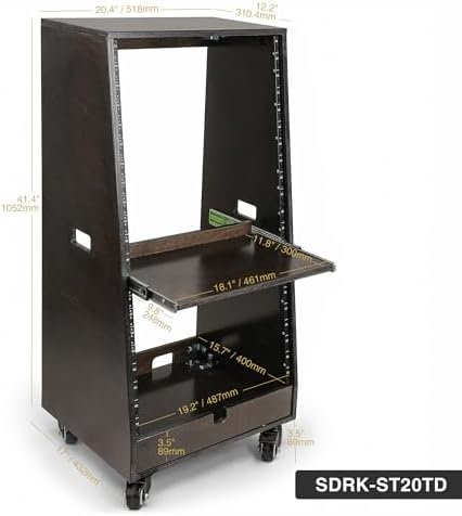 Sound Town DIY Slanted 20U Studio Rack (12U Top + 8U Lower) with 2U Bottom Storage, Slide-Out Tray, Casters, for Home Studio and Recording Room, Birch Plywood, Black Espresso (SDRK-ST20TD) - Image 4