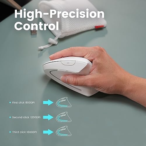 Perixx PERIMICE-813W Bluetooth Vertical Mouse - Wireless 3-in-1 Multi-Device Spec - Travelling Carry Bag - Ergonomic Right-Handed Design - White - Image 7