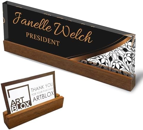 Artblox Personalized Office Desk Name Plate and Business Card Holder | Clear Acrylic Glass with Teak Wood Stand | Profesional Design Customized with Your Name and Credentials Office Desk Decor by Artblox