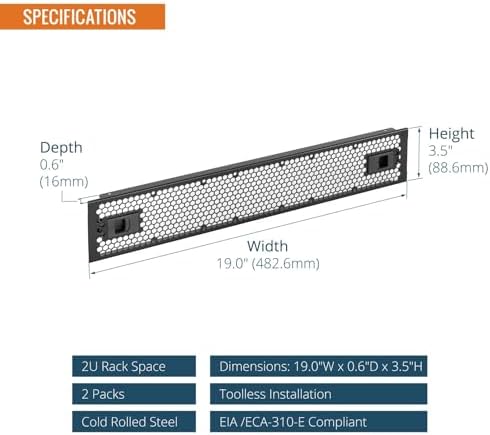 Tecmojo 2 Pack 2U Rack Perforated Blank Panel, Cold Rolled Steel Rack Panel, Rack Mount Plate for 19 in Server Rack Enclosure or Network Cabinet, Snap-in Type Mounting, Black - Image 2
