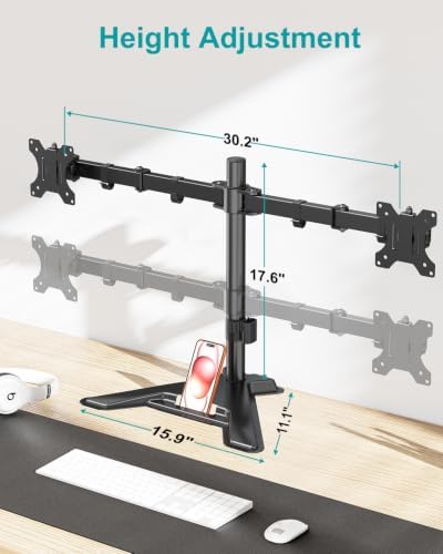 MOUNT PRO Dual Monitor Stand, Free-Standing Full Motion Monitor Desk Mount Fits 2 Screens up to 27 inches,17.6lbs with Height Adjustable, Swivel, Tilt, Rotation, VESA 75x75 100x100, Black - Image 2