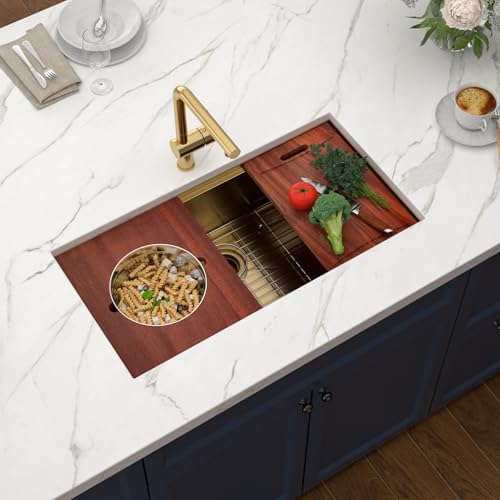 36x19 Gold Undemrount Workstation Kitchen Sink with Mixng Bowl - Image 2