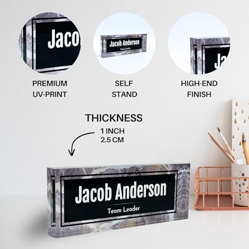 Customized Clear Acrylic Thick 8x3" Desk Name Plate Block with Personalized Logo - Professional Office Decor - Customized Acrylic Plate Gift for Teacher Co-workers (Black-White Marble) - Image 2