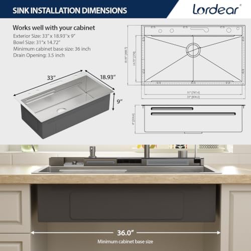 Lordear 33 Inch Drop In Smart Kitchen Sink with Waterfall Faucet - Image 3