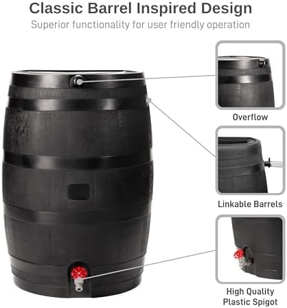 RTS Home Accents 50-Gallon ECO Rain Barrel Made with 100% Recycled Plastic, Flat Back Rain Water Collection Barrel, Soaker Hose Included, Black - Image 4