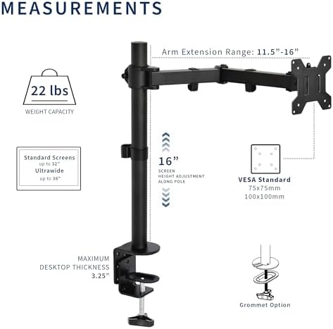 VIVO Single 13 to 38 inch Ultrawide Monitor Arm Desk Mount, Regular Screens up to 32 inches, 22 lbs capacity, Fully Adjustable Stand with C-Clamp and Grommet Base, Black, STAND-V001 - Image 6