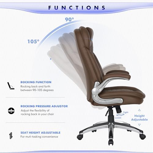 COLAMY Office Chair Ergonomic Desk Chair Set of 2-Executive Office Chair with Upgraded Caters, High Back Computer Chair Flip-up Arms, Swivel Leather Chair for Work/Study, 300lbs, Brown - Image 4
