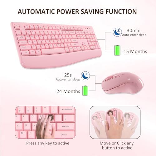 EDJO Wireless Keyboard and Mouse Combo, USB Plug & Play (Pink) - Image 2