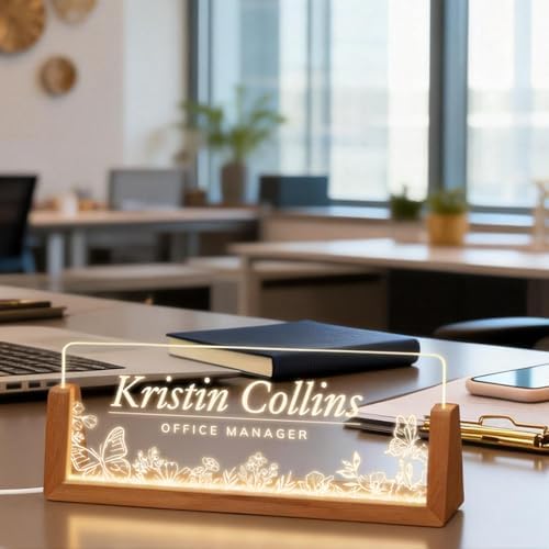 Personalized Light Up Acrylic Desk Name Plate - Custom Name Plate for Desk with Walnut Wood Base - Appreciation Office Gifts for Employees, Teacher, Social Worker (Butterfly) - Image 2