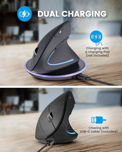 Perixx PERIMICE-813RX Wireless Rechargeable Vertical Mouse - Multi-Device spec - Duo Wired and Wireless Charging Feature -The Included Charger Compatible with iPhone, AirPods, and AirPods Pro - Image 4
