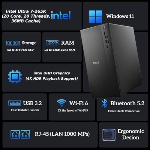 Dell 2025 ECT1250 Business Desktop - Intel Ultra 7-265K, (20 Core Processor 20 Threads), 16GB DDR5 Memory, 512GB PCIe SSD, Ultra-Quiet Design, Dual 4K Monitor Support, Keyboard and Mouse, Windows 11 - Image 2
