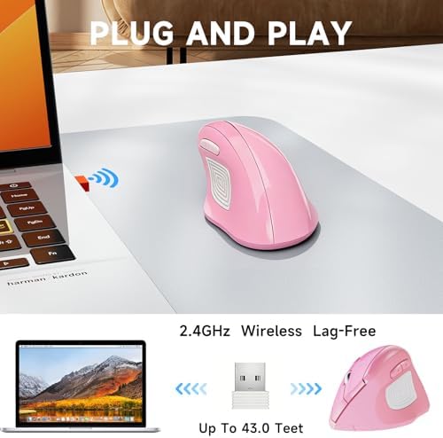 memzuoix Ergonomic Wireless Mouse, 2.4G Optical Cordless, 800/1200/1600 DPI, Vertical Computer Mouse for Laptop, Mac, PC, Desktop (Right Hand, Large) - Pink - Image 4