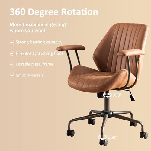 Mid Back Home Office Chair, Mid Century Modern Executive Chair, Comfy Ergonomic Rolling Office Desk Chair with Lumbar Support, Brown Faux Leather Office Chair, Brown - Image 5
