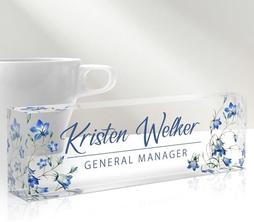 Custom Name Plate for Desk - Personalized Gifts Acrylic Name Plate for Women Men - Office Decor Gifts for Coworkers, Boss, Employees, Teacher, Social Worker (Flowers-A) by Gowelly