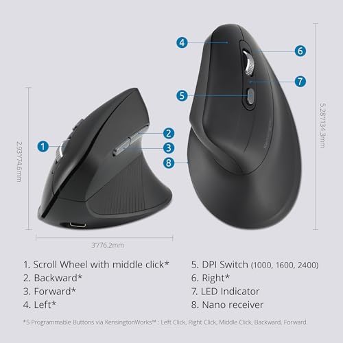 Kensington MY630 EQ Wireless Rechargeable Mouse, Ergonomic Vertical Design, Bluetooth LE, 2.4GHz, Black (K72484NA) - Image 2