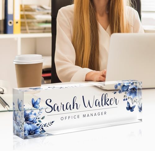 Desk Name Plate Personalized, Custom Name Plates for Desks, Office Desk Decor, Flowers Clear Acrylic Glass Block, Personalized Office Gifts for Women Men Boss Teachers Coworkers Appreciation Gifts - Image 4