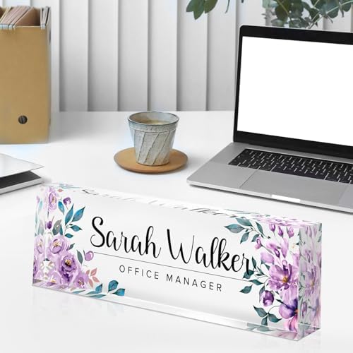 Custom Name Plate for Desk - Desk Name Plate Personalized - Acrylic Office Desk Accessories - Appreciation Gifts for Coworkers Employee Teacher Staff Boss - Office Decor for Women (Purple Flowers E) - Image 4