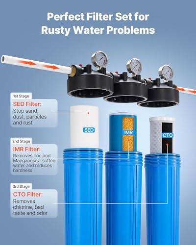 VEVOR Whole House Water Filter System, 3-Stage | Sediment, IMR, CTO | 4.5" x 20" Home Water Purifier Filter Reduce Iron, Manganese, Chlorine, Bad Taste, Odor, Rust - Image 3