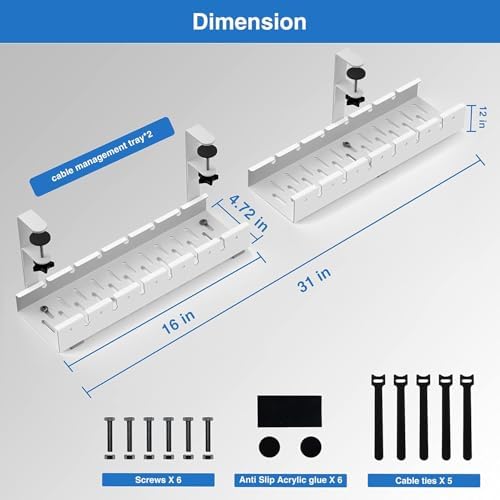 No Drilling Extendable Under Desk Cable Management, Metal Cable Management Tray Under Desk with Clamp, Retractable Power Strip Cord Holder for Wire Management 31Inch (1 Pack White) - Image 4