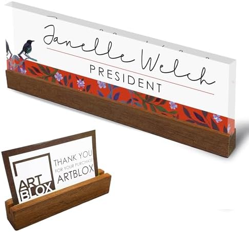 ARTBLOX Personalized Acrylic Desk Name Plate, Bird Design, Wood Stand by Artblox