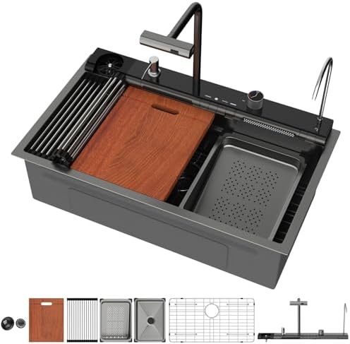 Mocoloo 30 Inch Black Honeycomb Waterfall Kitchen Sink Drop in, 30x19 Inch Stainless Steel Workstation Sink 16 Gauge Topmount Single Bowl LED Display Sink with Complete Kit by MocolooHome