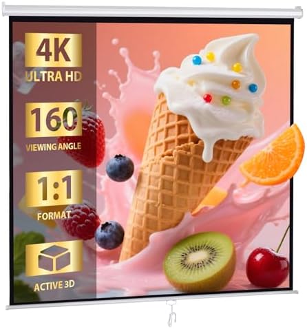 SUPER DEAL 120'' Projector Screen, Retractable Projection Screen Manual Pull Down HD Screen 1:1 Format for Home Cinema Theater Presentation Education Outdoor Indoor Public Display by Superdeal