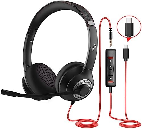 JIAMQISHI USB Headset with Microphone for PC, On-Ear Computer Laptop Headphones with Noise Cancelling Mic in-line Control for Home Office Online Class Zoom (Type C+3.5mm, Black) by JIAMQISHI