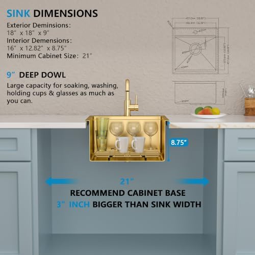 18"x18" Gold Bar Prep Sink Drop In Workstation with Faucet Combo - Image 5