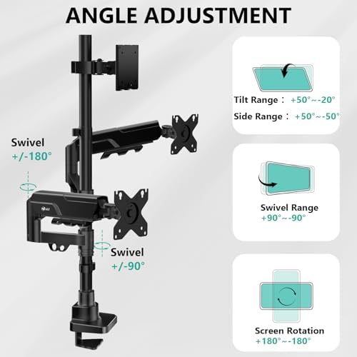 WALI Triple Monitor Mount - Extra Tall 3 Monitor Desk Mount for 17-49 Inch Ultrawide Screens, Up to 44 lbs, Fully Adjustable Heavy Duty Monitor Arm, VESA 75/100 mm (GSDM003-P), Black - Image 3