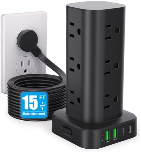 15FT Power Strip Tower Surge Protector, 12 Wide Spaced Outlets, 4 USB by Unknown