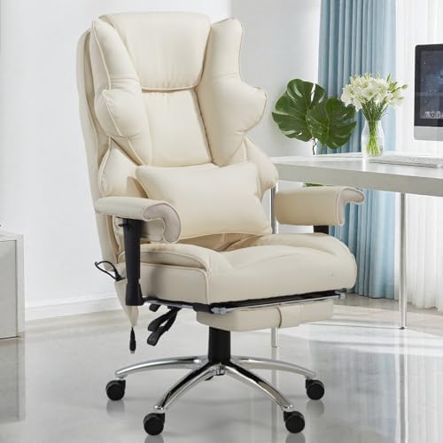 Vibration Massage Heated Office Desk Chair with Foot Rest, Beige - Image 2