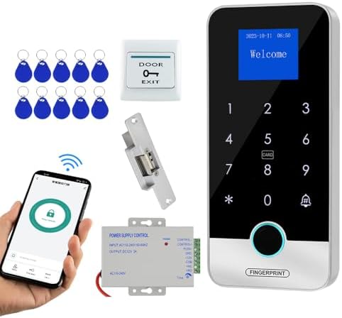 Tuya APP Smart Fingerprint Access Control Kit is a Four-in-one Unlocking Solution, Including a Keyboard Controller, Power Supply, Cathode Electric Bolt Lock, Switch, and 10 13.56MHz RFID Key fobs. by FSTWBrandFlagship