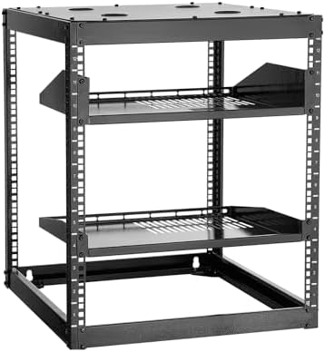 VEVOR 12U Open Frame Network Rack, 23 in Depth, Wall Mounted or Floor Standing Server Rack, Heavy Duty 4 Post, with Vented Shelves & Mounting Hardware, Holds All Your Networking IT Equipment AV Gear by VEVOR