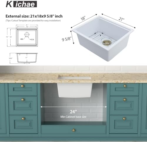 Kichae 21 White Undermount Bar Sink Small Prep Granite Composite Workstation - Image 2