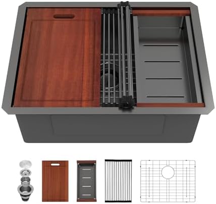 Sarlai 25 Black Kitchen Sink Undermount 25"x19" Stainless Steel Workstation by Sarlai