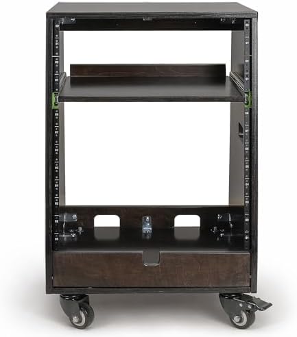 Sound Town DIY Slanted 12U Studio Rack (4U Top + 8U Lower) with 2U Bottom Storage, Slide-Out Tray, Casters, for Home Studio and Recording Room, Birch Plywood, Black Espresso (SDRK-ST12TD) - Image 3