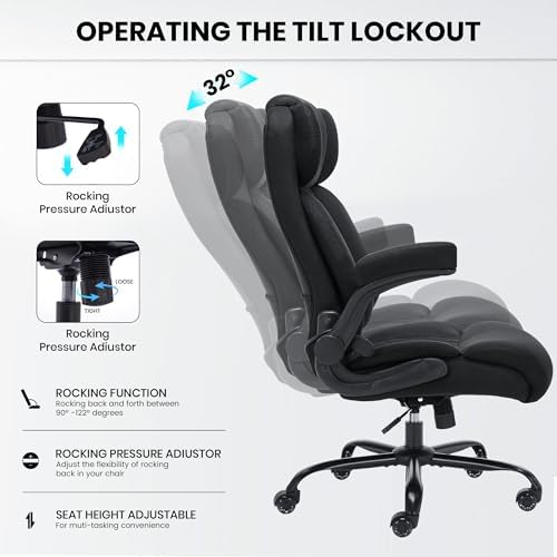 500lbs Big and Tall Office Chair Adjustable Lumbar Support for Back Pain, Extra Wide Seat Executive Office Chair Thick Armrest Pad, Heavy Duty Base&Upgraded Wheels, Ergonomic Desk Chair (Matte Black) - Image 5